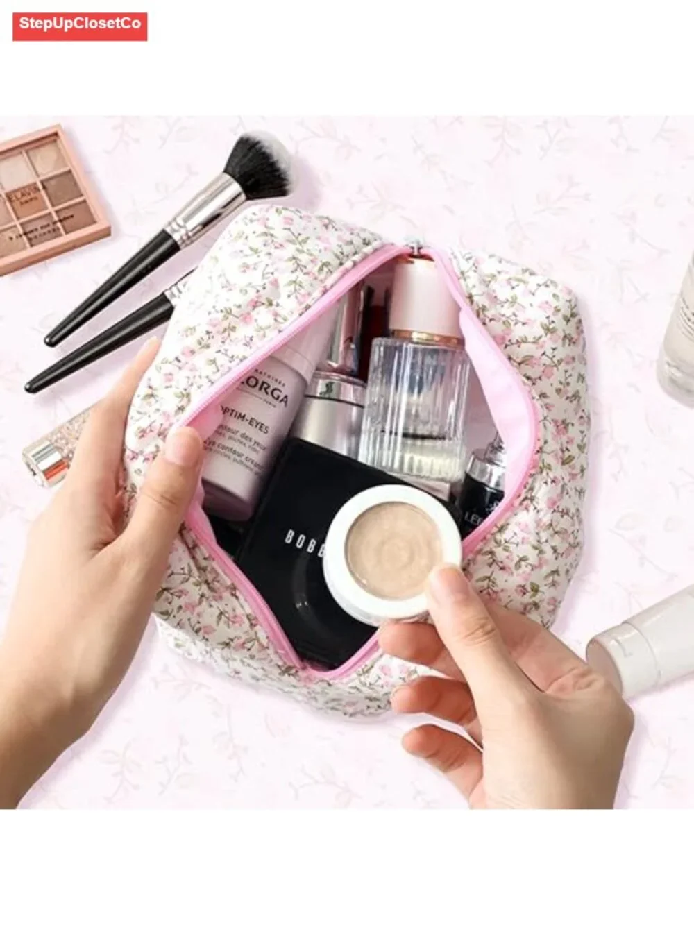 Quilted Cotton Floral Makeup Bag Pouch Toiletry Organizer Travel Storage Zipper